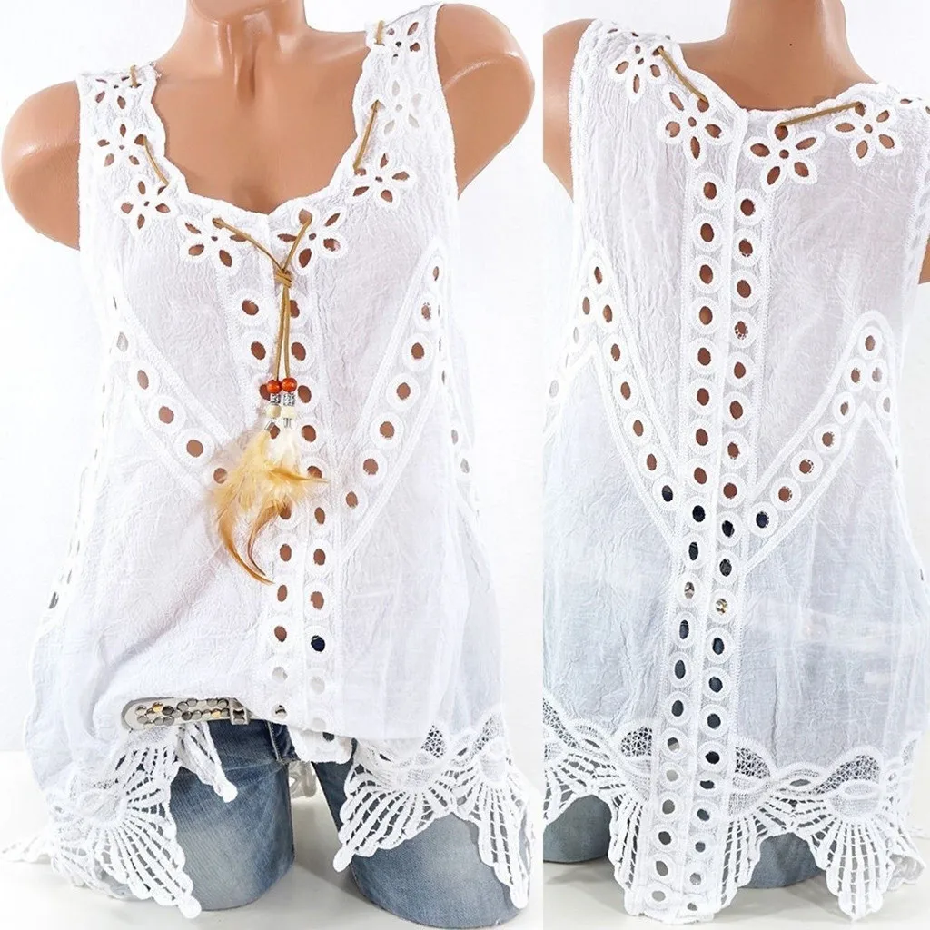 

2019 Fashion Women Plus Size O-Neck Embroidery Hollow Out tshirt Sleeveless Causal t shirt Women Clothes