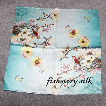 

67x67cm designer luxury brand pure silk satin vintage blue butterfly scarf women flower wrap summer shawl seda foulard