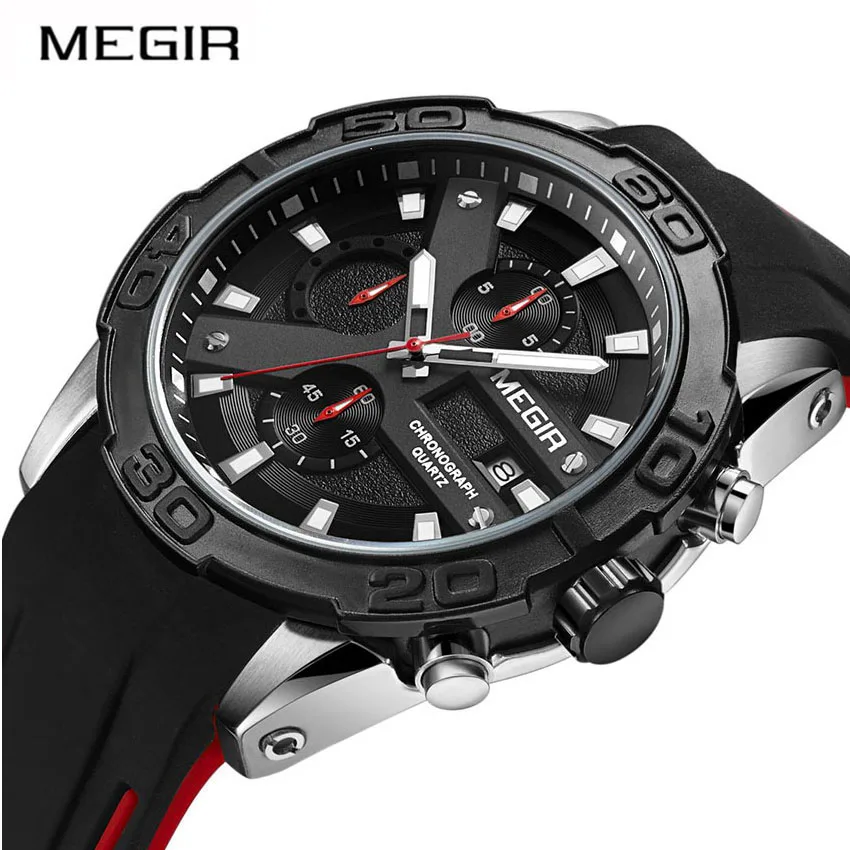 

MEGIR Chronograph Sport Watch Men Relogio Masculino Top Brand Fashion Silicone Quartz Army Military Wrist Watches Clock Men 2055