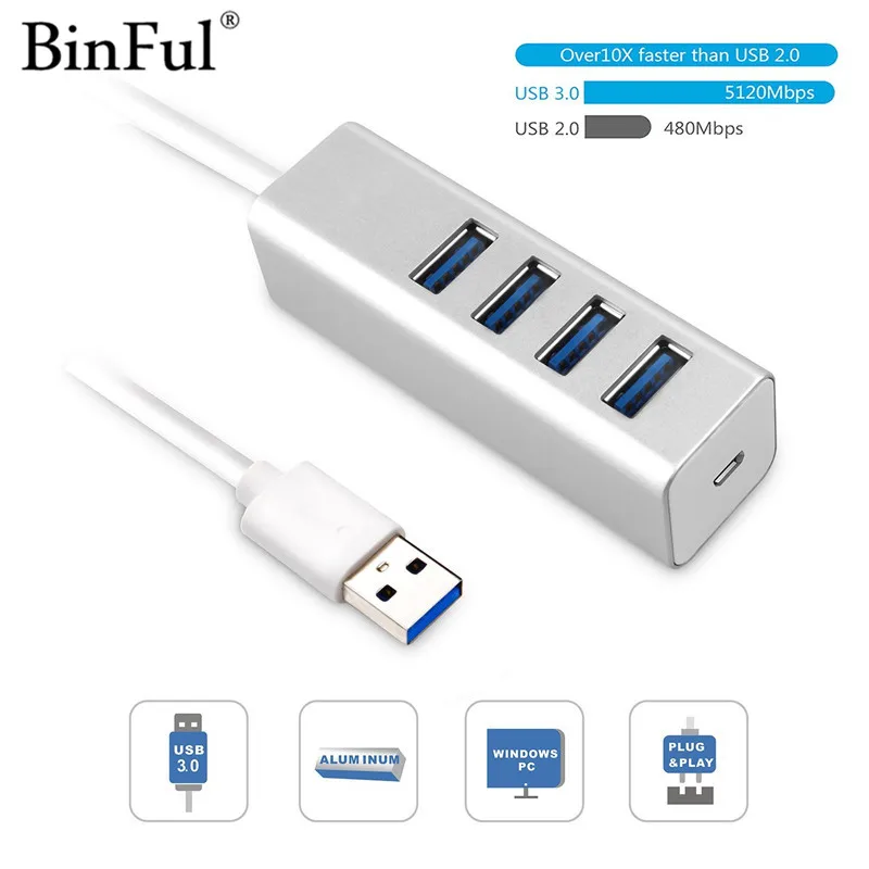 BinFul USB 3 0 Hub 4 Port Portable Aluminum Hub 3 0 with Built in USB 1