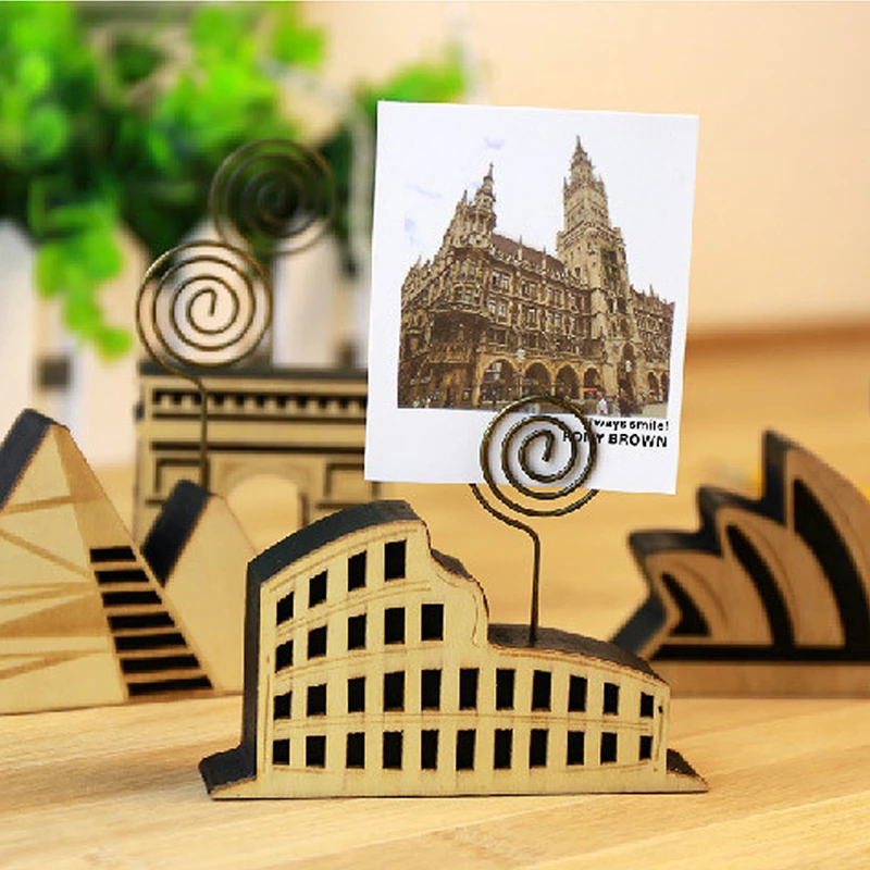 Kawaii милые здание в форме офиса Интимные аксессуары деревянный фото связующего Мемо-держатель Бумага Зажимы Триумфальная арка Париж Египет