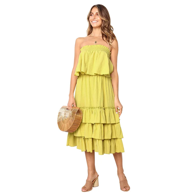 

Bohemian Beach Two Piece Set Strapless Cropped Top and Long Ruffle Skirt Set Solid Casual Summer Linen Outfit Set