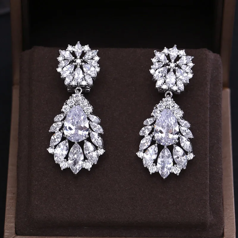 

2016 better New FASHION Clear Water Drop Rose Design Cubic Zirconia Long Dangle Earrings for Women