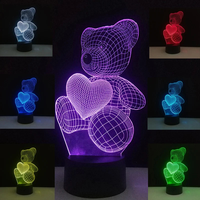 Праздничные рождественские огни 3D RGB Ночной светодио дный вечерние вечеринка свет Прекрасный Сердце Медведь ночник домашний стол День