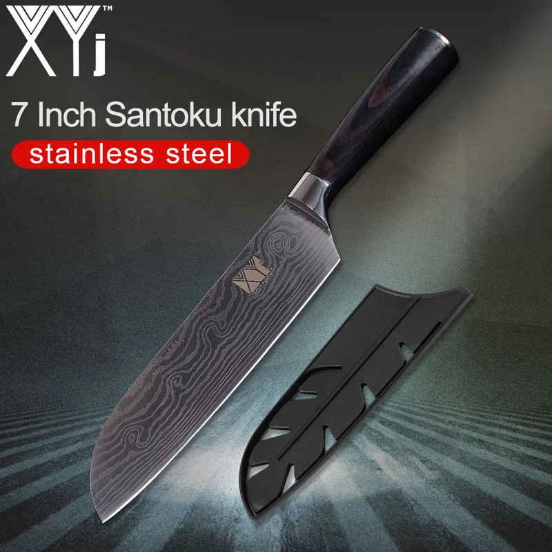 XYj фирменные кухонные ножи 3," 5" " 8" дюймов, нож из нержавеющей стали, имитация Дамасского узора, фруктовый нож сантоку, нож шеф-повара - Цвет: 7 inch santoku knife