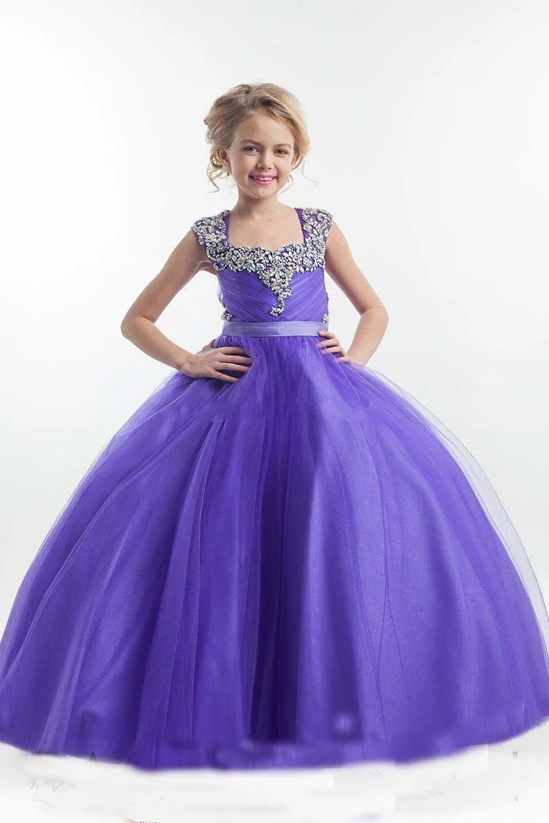 Ball Gown Purple Flower Girl Dress Square Neckline Sparkly Crystals Beaded Tulle Floor Length Open Back Mother Daughter Dresses Ball Gown Purple Flower Girl Dress Square Neckline Sparkly Crystals Beaded Tulle Floor Length Open Back Mother Daughter Dresses