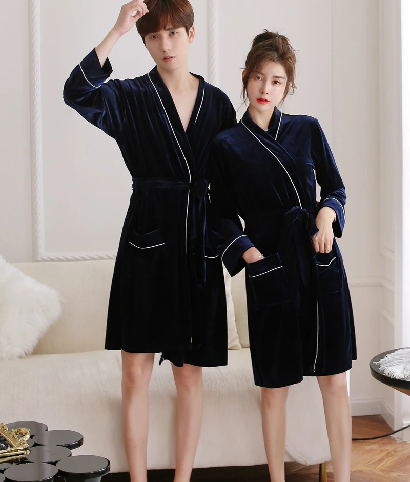 Autumn winter gold velvet women/man bathrobe solid mid length lovers kimono robe