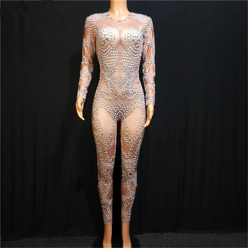 

X27 Female Elastic pearl bodysuit singer pole dance stage costumes proom wears jumpsuit party catwalk outfits dj dress clothe ds