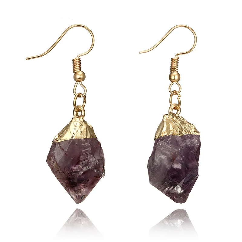 

New arrival Personality irregular Natural Crystal stone Gold plating earring Hot sale Wholesale dropship purple17
