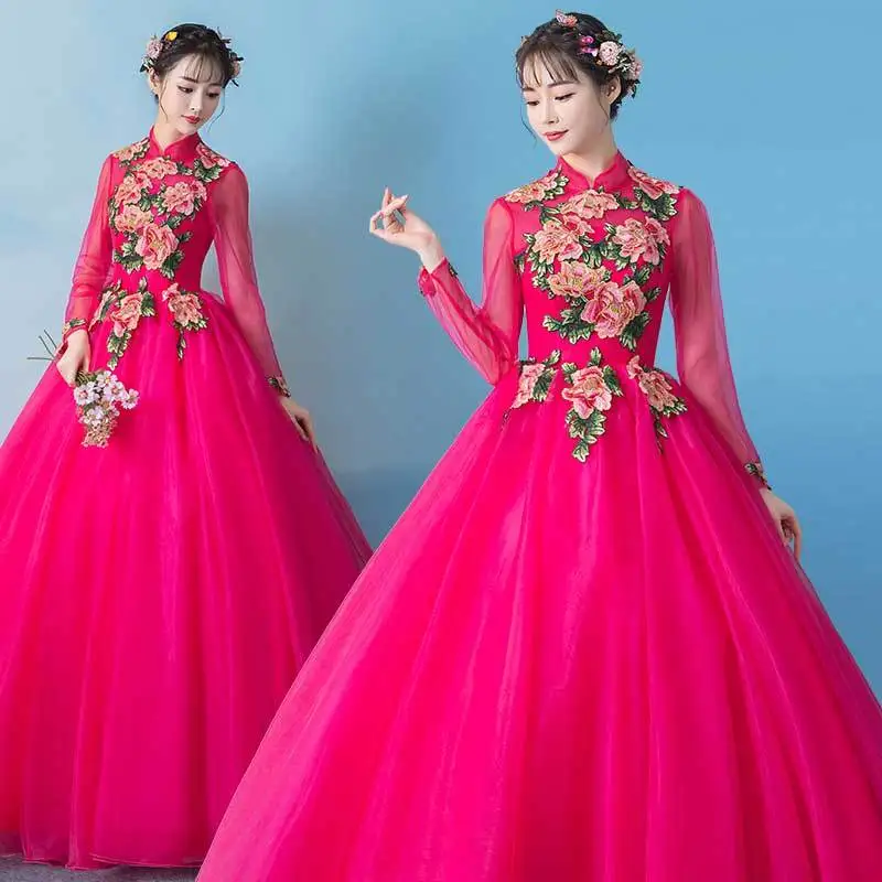 

Pink Embroidery Flower Long Medieval Renaissance Gown Event Costume Victorian Gothic Marie Antoinette Colonial Belle Ball