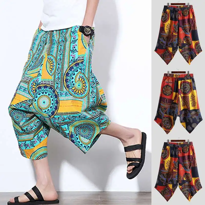 

INCERUN 100%Cotton 2020 Mens Samurai Pants Loose Printed Pants Summer Bohemia Harem HipHop Pantalones Hombre Pockets Joggers 5XL