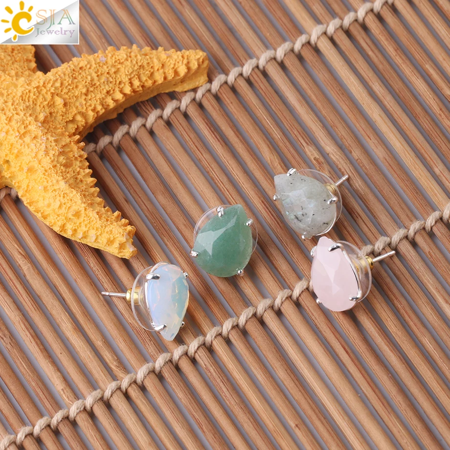 CSJA Water Drop Shape Stud Earrings Silver Color Natural Stone Faceted Pink Quartz Crystal Tiger Eye Healing Jewelry Female G035