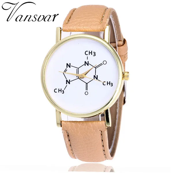 Vansvar бренд Модные химия кофеин часы молекула уникальные женские наручные часы кожа кварцевые часы Relogio Feminino V22 - Цвет: beige