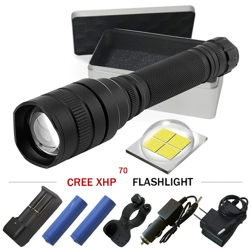 

High Power flash light Zoomable cree Xhp70 led Flashlight waterproof torch Lanterna linterna Use rechargeable batteries 18650