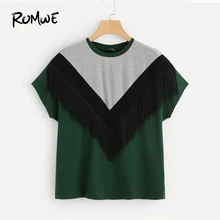 ROMWE Cut And Sew Fringe Top 2019 Fashion Chevron Women Round Neck Clothes T Shirt Colorblock Summer Short Sleeve T Shirt ROMWE Cut And Sew Fringe Top 2019 Fashion Chevron Women Round Neck Clothes T Shirt Colorblock Summer Short Sleeve T Shirt