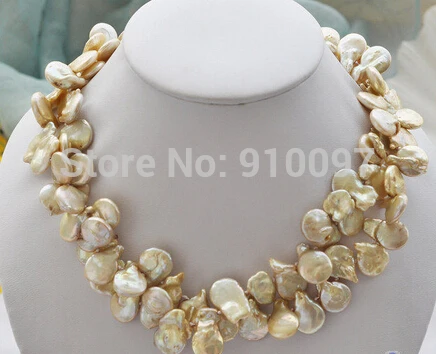 

LHX54013>>>2row 17" 15mm coin champagne Freshwater cultured pearl necklac