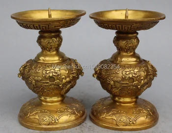 

18CM Chinese Bronze Dragon Flower Beast Candlestick Holder Pair Sculpture