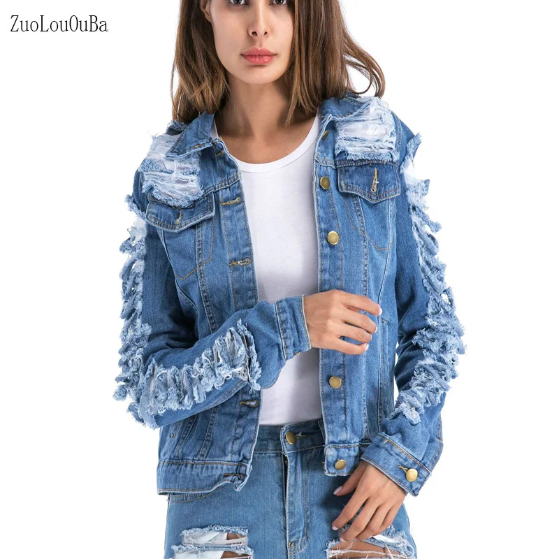 

2018 Korean Version Of The Tearing Wind Big Hole Denim Clothing Lapel Single-breasted Long-sleeved Ladies Denim Jacket