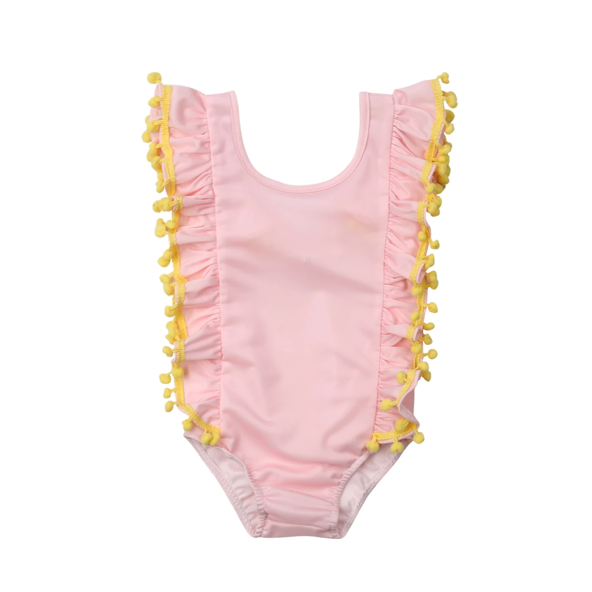 Детский цельный костюм детский купальник для девочек с оборками, однотонные бикини, купальники с оборками для плавания, Костюм 1-6Y - Цвет: Розовый