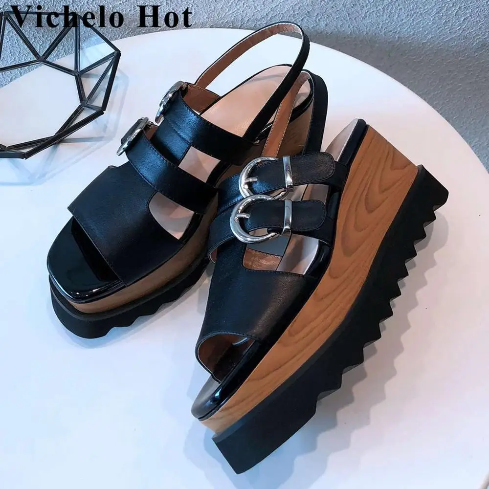 

Vichelo Hot European style cow leather wedges high bottom buckle strap peep square toe gladiator shoes increased sandals L05