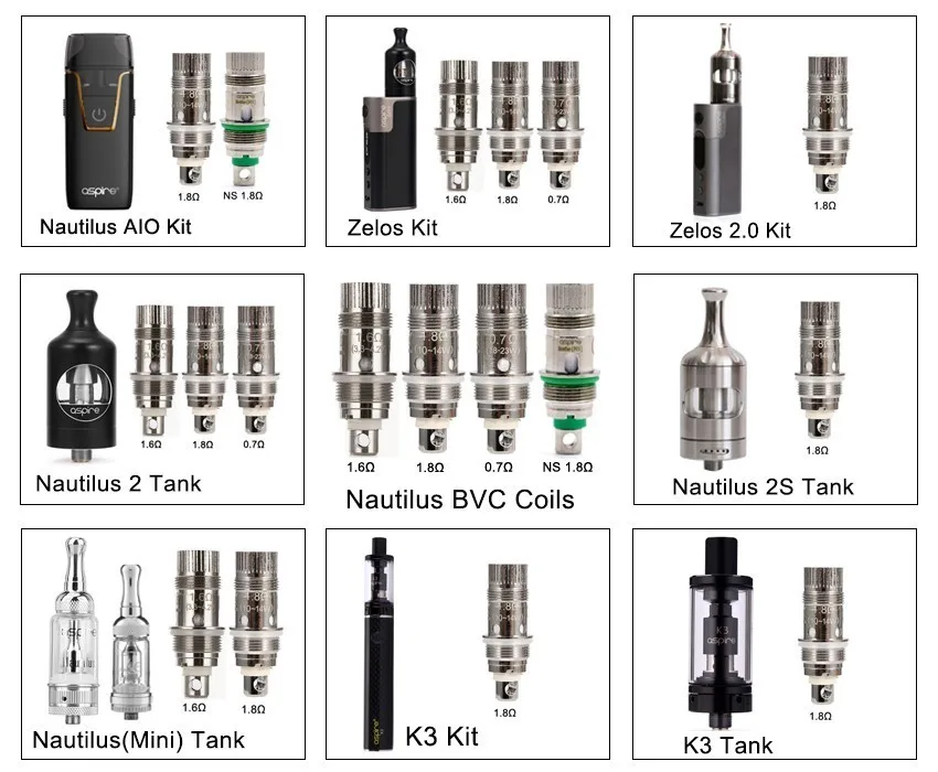 100 шт./лот Aspire катушка Nautilus bvc 1.8ohm 1.6ohm 0.7ohm Замена Vape головки для Nautilus 2 танк и Zelos комплект