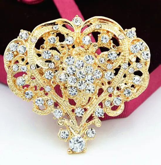 Винтажные стильные роскошные прозрачные кристаллы милое большое сердце цветок Брошь Свадебный букет булавки - Окраска металла: Gold Plated