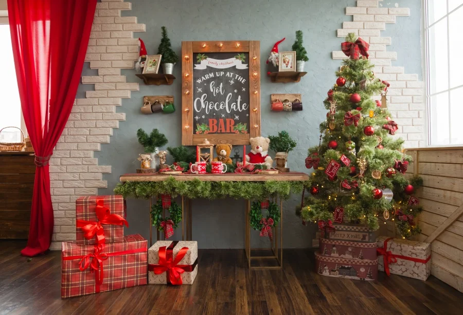 

Laeacco Photographic Backdrops Christmas Tree Gift Teddy Bear Curtain Table Interior Photo Backgrounds Photocall Photo Studio