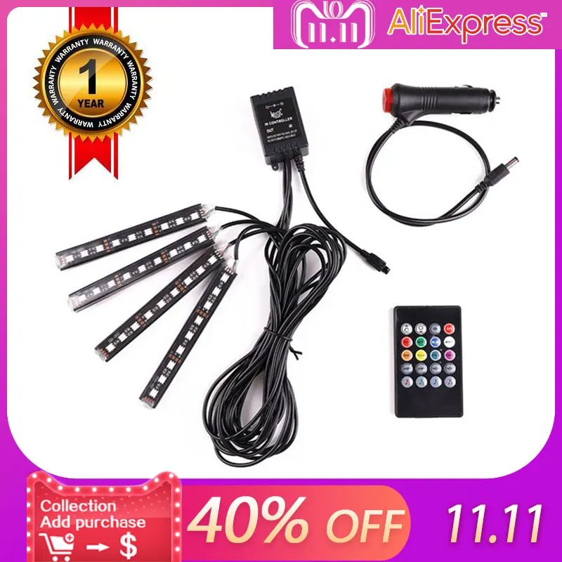 

4Pcs 12V Car Interior RGB Atmosphere LED Strip Light 5050SMD Car Light Remote Control Decorative Flexible LED Strip Lamp
