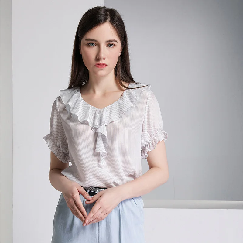 

Silk short-sleeved shirt female lotus leaf collar loose fashion design sense lotus leaf small t-shirt foreign gas t-shirt L34