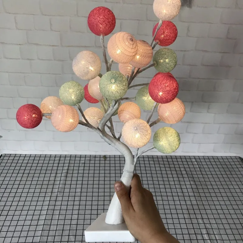 Battery or USB Power Cotton Ball Rose Tree LED Night Light Festival Party Romantic Wedding Home Decor Table Lamp Creative Gift