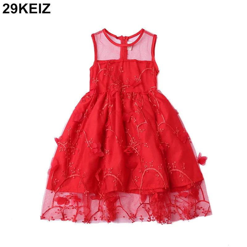 Fashion 3D Flowers Girl Dress Solid Red O neck Sleeveless Children's
