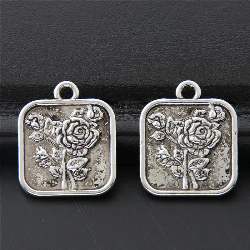 

30pcs Antique Sliver Square Rose Flower Charms Forever Love Letters Pendant Gift For Lovers Jewelry Accessories 16x19mm A3066