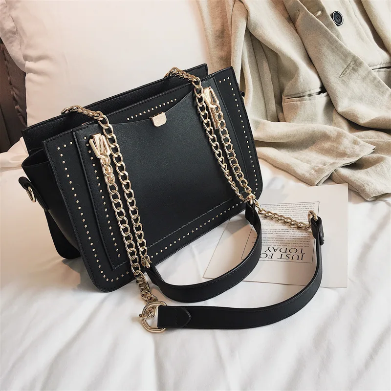 LUCDO роскошные сумки с заклепками женские сумки дизайнерский бренд Tote Повседневные Сумки из искусственной кожи с цепочкой через плечо для женщин - Цвет: Black