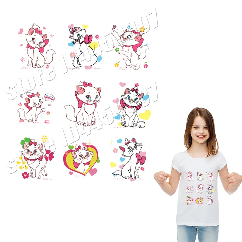 

9Pcs/Lot Cute Cat Pattern Stickers For Clothing Transfer Iron-On Parches Diy Level Washable Patches For T-Shirt