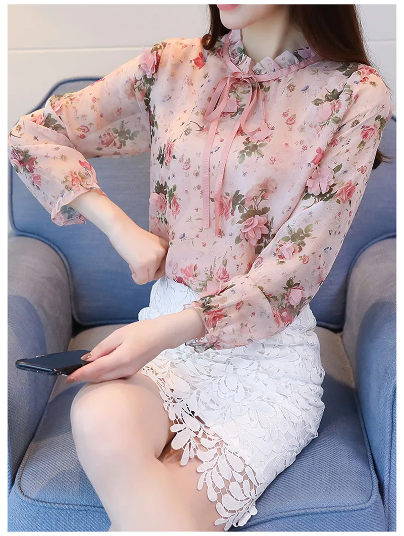 

New Women Blouse Shirt Fashion 2018 Long Sleeve Sweet Print Women's Clothing Applique Ruffled Neck Feminine Tops Blusas X2