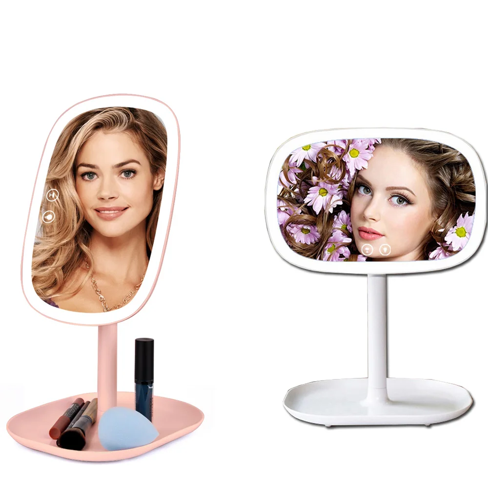 

47 LED Lights 360 Rotating Table Vanity Mirror with Lights Touch Screen Cosmetic Makeup Mirror with Storage Plate Desk Lamp