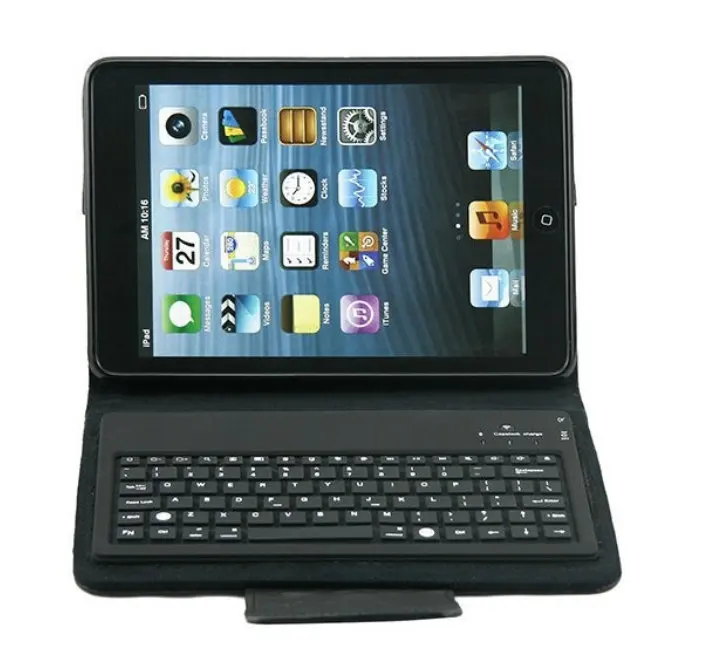 

2015 High Quality Wireless Silicon Removable Bluetooth Keyboard for iPad Mini table Case with Leather Stand Case