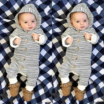 

Infant Baby Girls Boys Hoodie Romper Jumpsuit Grey Striped Cotton Rompers Tracksuit Outfits Pajamas
