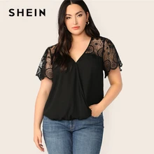 Шеин размера плюс, черный кружевной топ с открытыми плечами, блузка, женская летняя повседневная однотонная контрастная кружевная блузка с v-образным вырезом, плюс блузка, рубашка