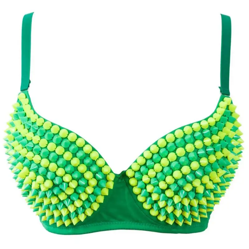 

Hot Sale Brand Women Bras Nightclub Dance Wear Yellow&Green Push Up Studded Bra Bralette Ladies Sexy Brassiere With Studs Spikes
