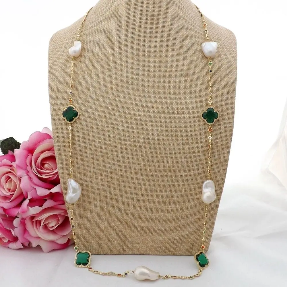 

GE090603 37'' White Keshi Pearl Green Crystal Cz pave Chain Necklace