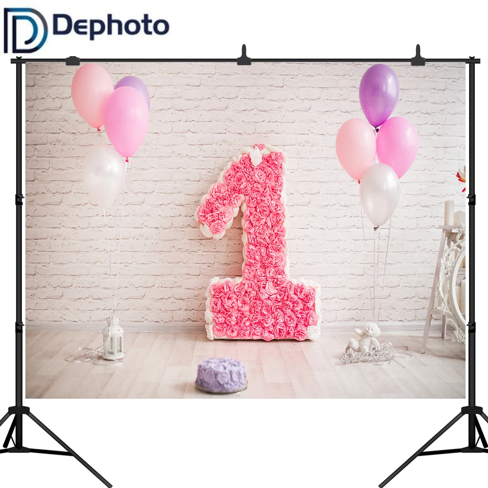 Dephoto Balloons Flower White Brick 1st Birthday Baby Photography Backdrops Customized Photographic Backgrounds For Photo Studio |