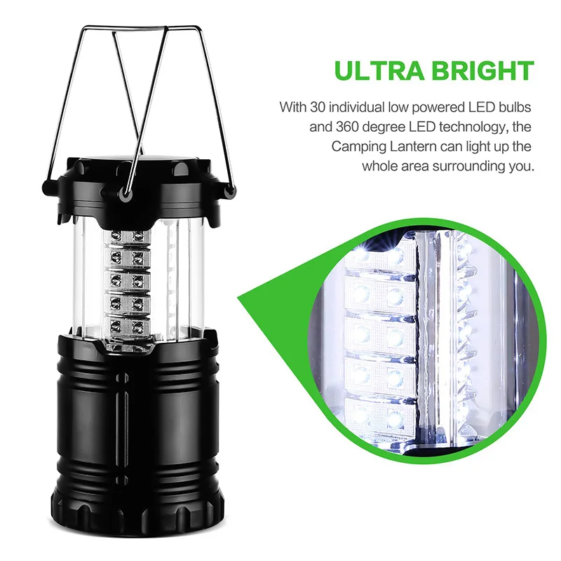 30 LED Camping Lamp Portable Bright Outdoor Emergency Light Collapsible LED Hanging Tent Lantern Waterproof Camping Flashlight