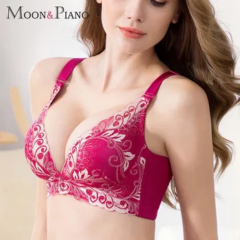 

Summer Fashion High-end Embroidery Lace Thick Cup Sexy Comfortable No Binding Push High Bra Not Steel Ring Women's Lace Strap