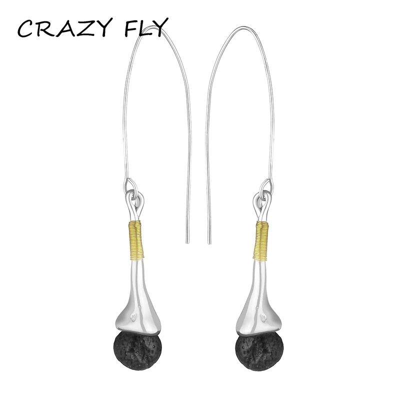 

CRAZY FLY Hot Sale Natural Black Volcanic Stone Drop Earrings Special Personalise Style Silver&Gold Dangle Earrings For Women