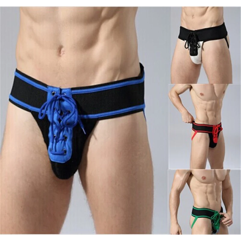 

New Top Quality Men Knitting Jockstrap Lace-Up Bandage Briefs Punch Jock Bag Open Butt Erotic Gay Underwear Fetish Lingerie