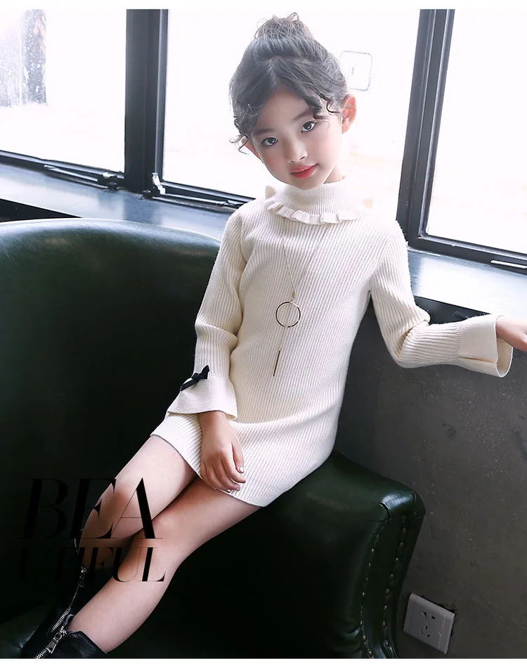 high neck knitting girls sweater dress kids clothes long sleeve knitted red black white autumn winter kids sweater knit tops  5 6 7 8 9 10 11 12 13 14 15 16 years little teenage big girls  white girls dresses  (11)