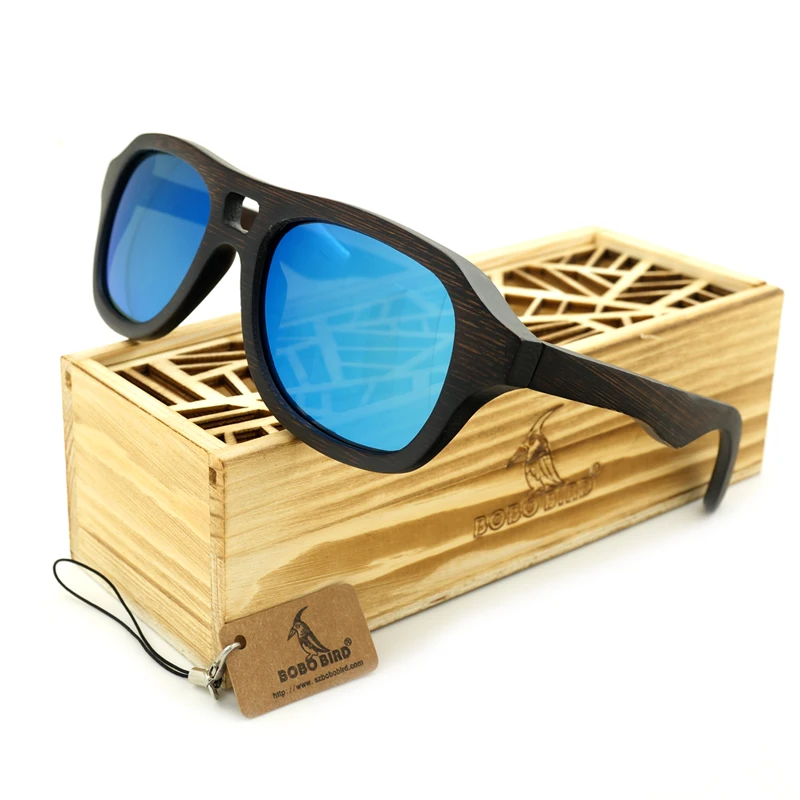 

BOBO BIRD BG001d Creative Design Unisex Sunglasses Handmade Ebony Wooden Frame And Bule Polarized Lens oculos de sol feminino