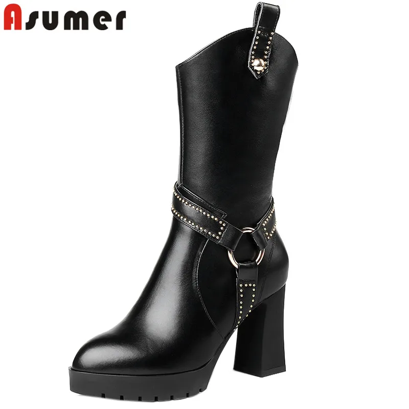 

ASUMER 2019 hot sale mid calf boots round toe zip genuine leather boots platform high heels shoes elegant autumn winter boots