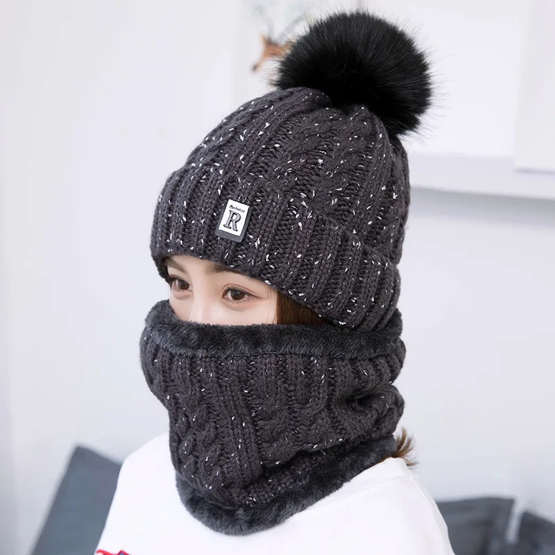 Модные зимние шляпы для женщин Beain Hat Kitted Big Ball gorro invierno mujer Зимний шарф и шапка, комплект, сохраняющий тепло